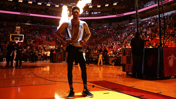 MIAMI, FLORIDA – JANUARY 15: Dejounte Murray #5 of the San Antonio Spurs looks on prior to the game against the Miami Heat at American Airlines Arena (Photo by Michael Reaves/Getty Images)