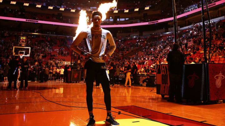 MIAMI, FLORIDA - JANUARY 15: Dejounte Murray #5 of the San Antonio Spurs looks on prior to the game against the Miami Heat at American Airlines Arena (Photo by Michael Reaves/Getty Images)