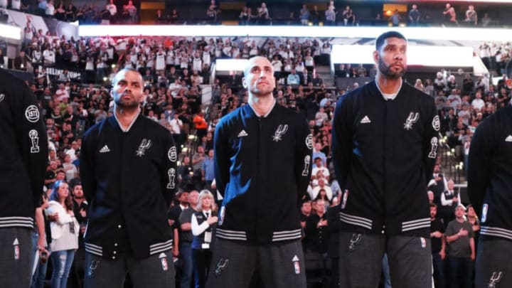 SAN ANTONIO,TX - APRIL 19: Tony Parker #9 of the San Antonio Spurs,Manu Ginobili #20 of the San Antonio Spurs, and Tim Duncan #21 of the San Antonio Spurs before their game against the Memphis Grizzlies of game two of the Western Conference Quarterfinals during the 2016 NBA Playoffs at AT&T Center on April 19, 2016 in San Antonio, Texas. NOTE TO USER: User expressly acknowledges and agrees that , by downloading and or using this photograph, User is consenting to the terms and conditions of the Getty Images License Agreement. (Photo by Ronald Cortes/Getty Images)