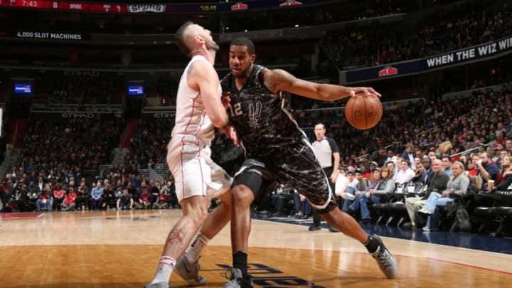 WASHINGTON, DC -¬MARCH 27: LaMarcus Aldridge #12 of the San Antonio Spurs drives to the basket against the Washington Wizards on March 27, 2018 at Capital One Arena in Washington, DC. NOTE TO USER: User expressly acknowledges and agrees that, by downloading and/or using this photograph, user is consenting to the terms and conditions of the Getty Images License Agreement. Mandatory Copyright Notice: Copyright 2018 NBAE (Photo by Ned Dishman/NBAE via Getty Images)