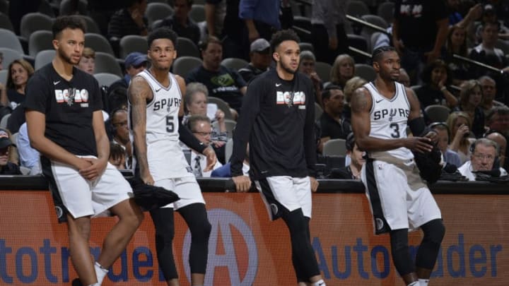 SAN ANTONIO, TX - APRIL 19: Kyle Anderson #1, Dejounte Murray #5, Derrick White #4, and Brandon Paul #3 of the San Antonio Spurs during Game Three of the Western Conference Quarterfinals against the Golden State Warriors in the 2018 NBA Playoffs on April 19, 2018 at the AT&T Center in San Antonio, Texas. NOTE TO USER: User expressly acknowledges and agrees that, by downloading and/or using this photograph, user is consenting to the terms and conditions of the Getty Images License Agreement. Mandatory Copyright Notice: Copyright 2018 NBAE (Photos by Mark Sobhani/NBAE via Getty Images)