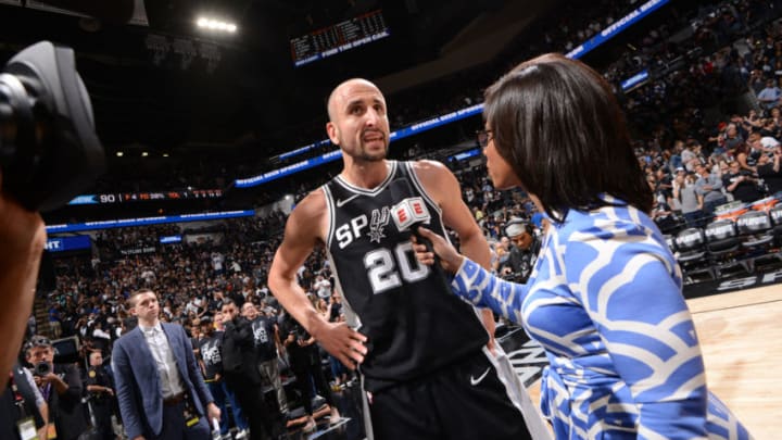 SAN ANTONIO, TX - APRIL 22: Manu Ginobili #20 of the San Antonio Spurs speaks with media after the game against the Golden State Warriors in Game Four of Round One of the 2018 NBA Playoffs on April 22, 2018 at the AT&T Center in San Antonio, Texas. NOTE TO USER: User expressly acknowledges and agrees that, by downloading and or using this photograph, user is consenting to the terms and conditions of the Getty Images License Agreement. Mandatory Copyright Notice: Copyright 2018 NBAE (Photos by Noah Graham/NBAE via Getty Images) SAN ANTONIO, TX - APRIL 22: Manu Ginobili #20 of the San Antonio Spurs speaks with media after the game against the Golden State Warriors in Game Four of Round One of the 2018 NBA Playoffs on April 22, 2018 at the AT&T Center in San Antonio, Texas. NOTE TO USER: User expressly acknowledges and agrees that, by downloading and or using this photograph, user is consenting to the terms and conditions of the Getty Images License Agreement. Mandatory Copyright Notice: Copyright 2018 NBAE (Photos by Noah Graham/NBAE via Getty Images)