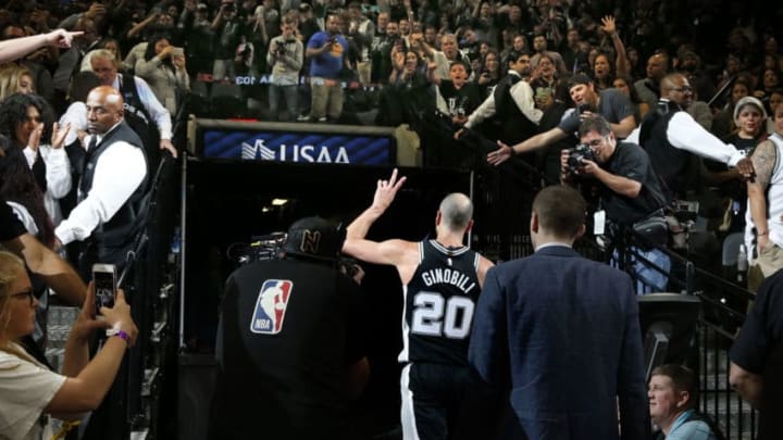 SAN ANTONIO,TX - APRIL 22 : Manu Ginobili #20 of the San Antonio Spurs leaves the court after a win against the Golden State Warriors in Game Four of Round One of the 2018 NBA Playoffs at AT&T Center on April 22 , 2018 in San Antonio, Texas. NOTE TO USER: User expressly acknowledges and agrees that , by downloading and or using this photograph, User is consenting to the terms and conditions of the Getty Images License Agreement. (Photo by Ronald Cortes/Getty Images)