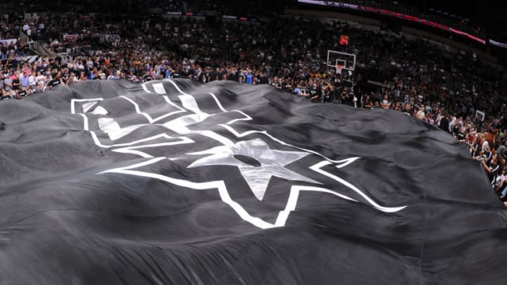 SAN ANTONIO,TX - MAY 29: Here is a photograph of the San Antonio Spurs logo prior to the game against the Oklahoma City Thunder in Game Five of the Western Conference Finals during the 2014 NBA Playoffs on May 29, 2014 at the AT