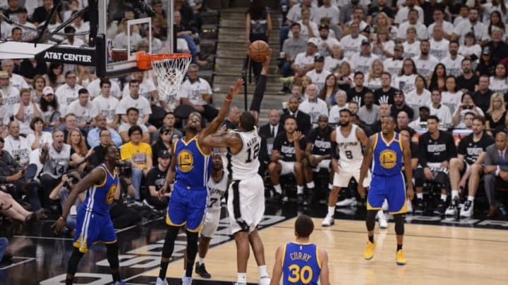 SAN ANTONIO, TX - MAY 22: LaMarcus Aldridge #12 of the San Antonio Spurs shoots a hook shot against the Golden State Warriors in Game Four of the Western Conference Finals during the 2017 NBA Playoffs on MAY 22, 2017 at the AT&T Center in San Antonio, Texas. NOTE TO USER: User expressly acknowledges and agrees that, by downloading and or using this photograph, user is consenting to the terms and conditions of the Getty Images License Agreement. Mandatory Copyright Notice: Copyright 2017 NBAE (Photos by David Dow/NBAE via Getty Images)