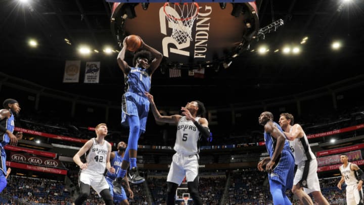 ORLANDO, FL - OCTOBER 27: Jonathan Isaac #1 of the Orlando Magic handles the ball against the San Antonio Spurs on October 27, 2017 at Amway Center in Orlando, Florida. NOTE TO USER: User expressly acknowledges and agrees that, by downloading and or using this photograph, User is consenting to the terms and conditions of the Getty Images License Agreement. Mandatory Copyright Notice: Copyright 2017 NBAE (Photo by Fernando Medina/NBAE via Getty Images)