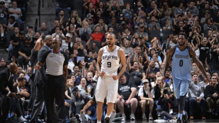 SAN ANTONIO, TX - MARCH 5: Tony Parker #9 of the San Antonio Spurs reacts to a score in the fourth quarrter of the game against the Memphis Grizzlies on March 5, 2018 at the AT&T Center in San Antonio, Texas. NOTE TO USER: User expressly acknowledges and agrees that, by downloading and or using this photograph, user is consenting to the terms and conditions of the Getty Images License Agreement. Mandatory Copyright Notice: Copyright 2018 NBAE (Photos by Mark Sobhani/NBAE via Getty Images)