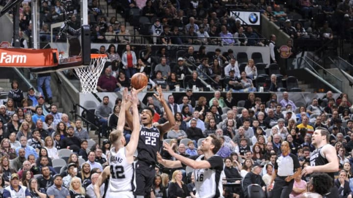 SAN ANTONIO, TX - APRIL 9: Rudy Gay #22 of the San Antonio Spurs dunks against the San Antonio Spurs on April 9, 2018 at the AT&T Center in San Antonio, Texas. NOTE TO USER: User expressly acknowledges and agrees that, by downloading and or using this photograph, user is consenting to the terms and conditions of the Getty Images License Agreement. Mandatory Copyright Notice: Copyright 2018 NBAE (Photos by Mark Sobhani/NBAE via Getty Images)