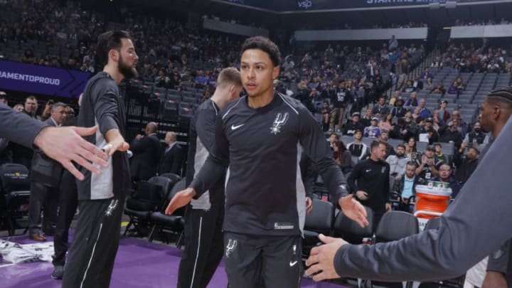 SACRAMENTO, CA - JANUARY 8: Bryn Forbes #11 of the San Antonio Spurs gets introduced into the starting lineup against the Sacramento Kings on January 8, 2018 at Golden 1 Center in Sacramento, California. NOTE TO USER: User expressly acknowledges and agrees that, by downloading and or using this photograph, User is consenting to the terms and conditions of the Getty Images Agreement. Mandatory Copyright Notice: Copyright 2018 NBAE (Photo by Rocky Widner/NBAE via Getty Images)