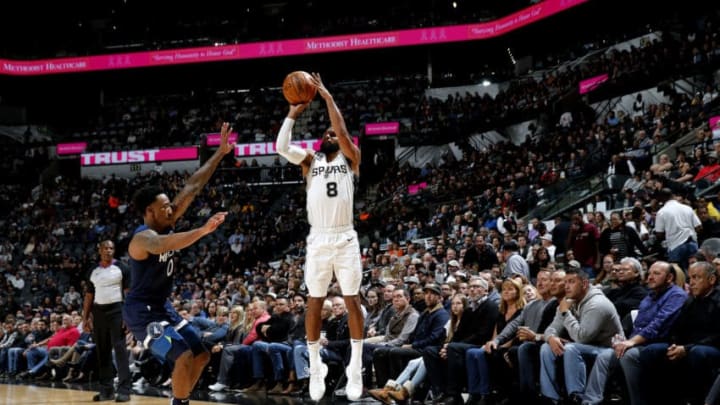 SAN ANTONIO, TX - OCTOBER 17: Patty Mills #8 of the San Antonio Spurs shoots the ball against the Minnesota Timberwolves during a game on October 17, 2018 at the AT&T Center in San Antonio, Texas. NOTE TO USER: User expressly acknowledges and agrees that, by downloading and or using this photograph, user is consenting to the terms and conditions of the Getty Images License Agreement. Mandatory Copyright Notice: Copyright 2018 NBAE (Photos by Chris Covatta/NBAE via Getty Images)