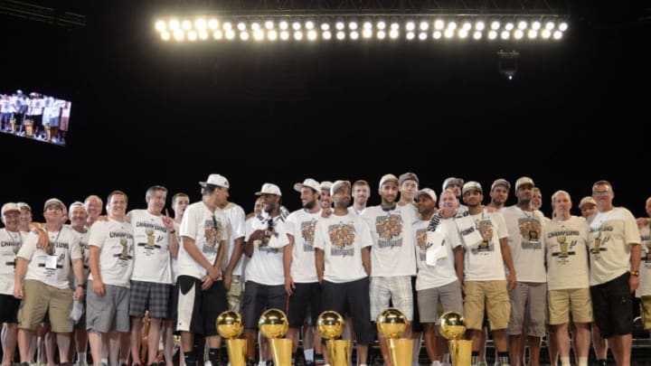 SAN ANTONIO, TX - JUNE 18: The San Antonio Spurs during The San Antonio Spurs NBA Championship Celebration on June 18, 2014 in the Alamodome in San Antonio, Texas. NOTE TO USER: User expressly acknowledges and agrees that, by downloading and/or using this Photograph, user is consenting to the terms and conditions of the Getty Images License Agreement. Mandatory Copyright Notice: Copyright 2014 NBAE (Photo by D. Clarke Evans/NBAE via Getty Images)