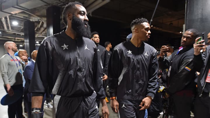 CHARLOTTE, NC – FEBRUARY 17: James Harden #13 of Team LeBron and Russell Westbrook #0 of Team Giannis are seen before the game during the 2019 NBA All-Star Game (Photo by Juan Ocampo/NBAE via Getty Images)