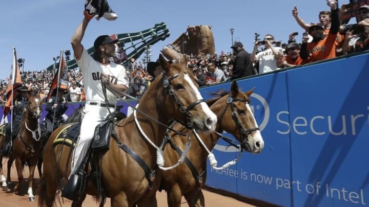 If Madison Bumgarner can ride a horse without getting hurt, he can swing for the fences without worrying about injury, right? (Jeff Chiu-Pool Photo via USA TODAY Sports)