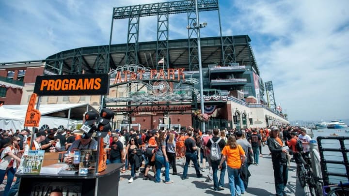Apr 7, 2016; San Francisco, CA, USA; San Francisco Giants fans enter the park before the game against the Los Angeles Dodgers at AT&T Park. Mandatory Credit: Ed Szczepanski-USA TODAY Sports