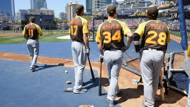 SAN DIEGO, CA - JULY 12: Kris Bryant #17 of the Chicago Cubs, Bryce Harper #34 of the Washington Nationals and Buster Posey #28 of the San Francisco Giants warm up prior to the 87th Annual MLB All-Star Game at PETCO Park on July 12, 2016 in San Diego, California. (Photo by Denis Poroy/Getty Images)