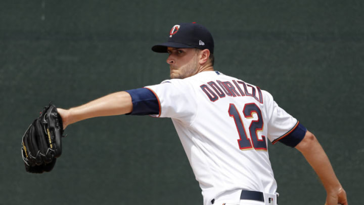 FORT MYERS, FLORIDA - FEBRUARY 26: Jake Odorizzi #12 of the Minnesota Twins warms up prior to the game against the Philadelphia Phillies at Hammond Stadium on February 26, 2020 in Fort Myers, Florida. (Photo by Michael Reaves/Getty Images)