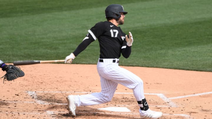 GLENDALE, ARIZONA - MARCH 07: Luis González #17 of the Chicago White Sox follows through on a swing against the Colorado Rockies during a spring training game at Camelback Ranch on March 07, 2021 in Glendale, Arizona. (Photo by Norm Hall/Getty Images)