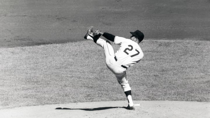 Pitcher Juan Marichal of the San Francisco Giants pitches during the 1962 World Series. (Photo by Herb Scharfman/Sports Imagery/Getty Images)
