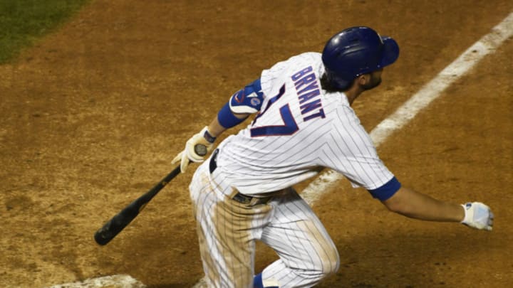 Chicago Cubs left fielder/third baseman Kris Bryant (17) hits a home run against the Kansas City Royals during the seventh inning at Wrigley Field. The SF Giants have acquired Bryant via trade. (David Banks-USA TODAY Sports)