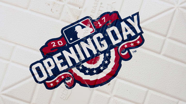 Apr 3, 2017; Arlington, TX, USA; A view of the opening day logo on a commerative base before the game between the Texas Rangers and the Cleveland Indians at Globe Life Park in Arlington. Mandatory Credit: Jerome Miron-USA TODAY Sports