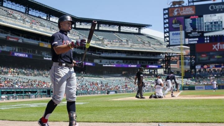 DETROIT, MI - AUGUST 29: Francisco Lindor #12 of the Cleveland Indians warms up to bat against the Detroit Tigers during the third inning at Comerica Park on August 29, 2019 in Detroit, Michigan. Lindor hit a solo home run during the third inning and the Indians defeated the Tigers 2-0. (Photo by Duane Burleson/Getty Images)