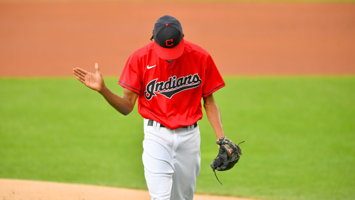 CLEVELAND, OHIO – AUGUST 22: Starting pitcher Triston McKenzie #26 of the Cleveland Indians celebrates after completing the first inning of his major league career in the first inning against the Detroit Tigers at Progressive Field on August 22, 2020 in Cleveland, Ohio. (Photo by Jason Miller/Getty Images)