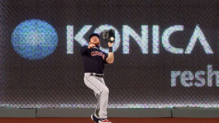 KANSAS CITY, MISSOURI - AUGUST 31: Jordan Luplow #8 of the Cleveland Indians catches a ball hit by Whit Merrifield #15 of the Kansas City Royals during the 7th inning of the game at Kauffman Stadium on August 31, 2020 in Kansas City, Missouri. (Photo by Jamie Squire/Getty Images)