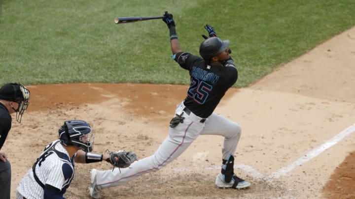 NEW YORK, NEW YORK - SEPTEMBER 26: (NEW YORK DAILIES OUT) Lewis Brinson #25 of the Miami Marlins in action against the New York Yankees at Yankee Stadium on September 26, 2020 in New York City. The Yankees defeated the Marlins 11-4. (Photo by Jim McIsaac/Getty Images)