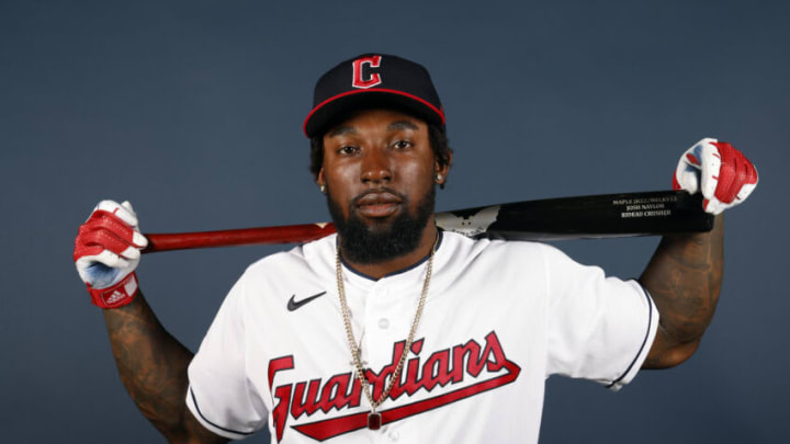 GOODYEAR, ARIZONA - MARCH 22: Daniel Johnson #23 of the Cleveland Guardians poses during Photo Day at Goodyear Ballpark on March 22, 2022 in Goodyear, Arizona. (Photo by Chris Coduto/Getty Images)