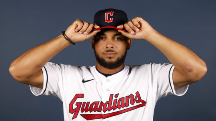 GOODYEAR, ARIZONA - MARCH 22: George Valera #7 of the Cleveland Guardians poses during Photo Day at Goodyear Ballpark on March 22, 2022 in Goodyear, Arizona. (Photo by Chris Coduto/Getty Images)