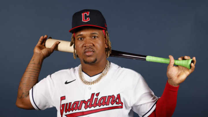 GOODYEAR, ARIZONA - MARCH 22: Jose Ramirez #11 of the Cleveland Guardians poses during Photo Day at Goodyear Ballpark on March 22, 2022 in Goodyear, Arizona. (Photo by Chris Coduto/Getty Images)