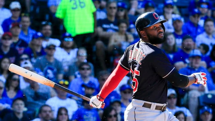 KANSAS CITY, MO - MAY 6: Abraham Almonte #35 of the Cleveland Indians hits the ball against the Kansas City Royals during the game at Kauffman Stadium on May 6, 2017 in Kansas City, Missouri. (Photo by Brian Davidson/Getty Images)