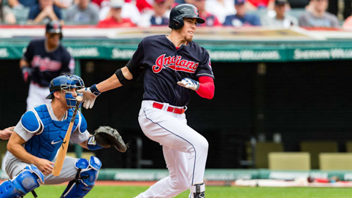 CLEVELAND, OH - JUNE 15: Bradley Zimmer #4 of the Cleveland Indians hits an RBI single during the first inning against the Los Angeles Dodgers at Progressive Field on June 15, 2017 in Cleveland, Ohio. (Photo by Jason Miller/Getty Images)