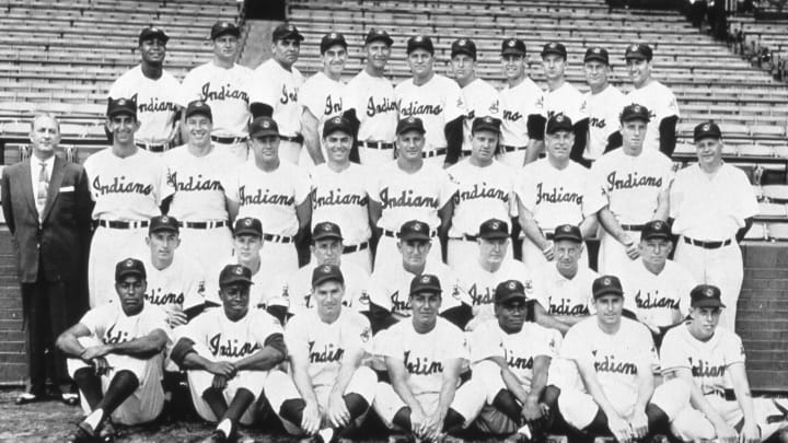 CLEVELAND – 1954. The American League Champion Cleveland Indians pose for their team photograph in 1954. Larry Doby and Early Wynn are in the back row, far left and second from left, and Bob Lemon second from right. Bob Feller is in the middle row, second from left, and manager Al Lopez is in the second row from the bottom, center. (Photo by Mark Rucker/Transcendental Graphics, Getty Images)