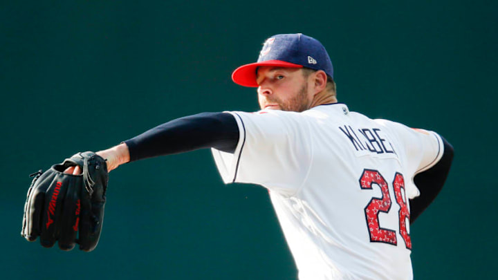 CLEVELAND, OH - JULY 04: Corey Kluber #28 of the Cleveland Indians pitches against the San Diego Padres during the first inning at Progressive Field on July 4, 2017 in Cleveland, Ohio. (Photo by Ron Schwane/Getty Images)