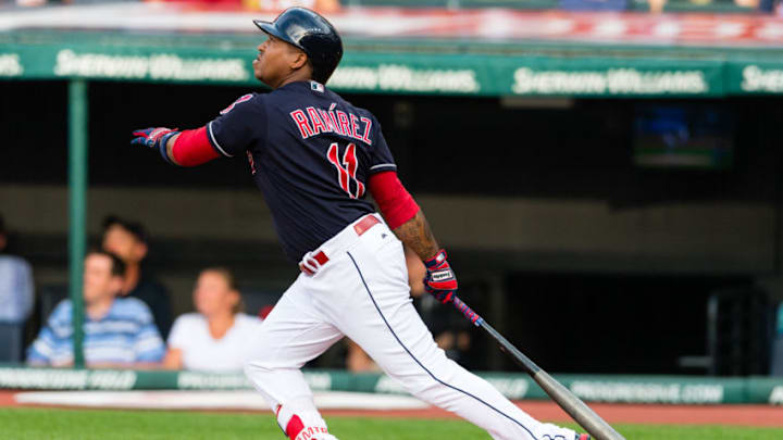 CLEVELAND, OH - JULY 6: Jose Ramirez #11 of the Cleveland Indians hits a two run home run during the first inning against the San Diego Padres at Progressive Field on JULY 6, 2017 in Cleveland, Ohio. (Photo by Jason Miller/Getty Images)