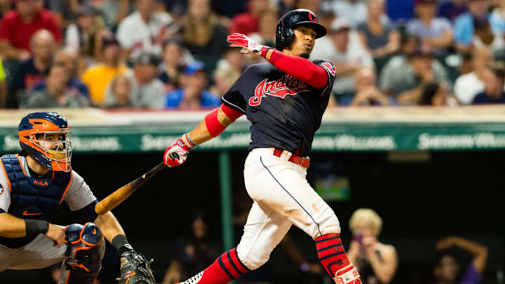 CLEVELAND, OH - JULY 7: Francisco Lindor #12 of the Cleveland Indians hits a two RBI triple to deep right during the sixth inning against the Detroit Tigers at Progressive Field on July 7, 2017 in Cleveland, Ohio. (Photo by Jason Miller/Getty Images)