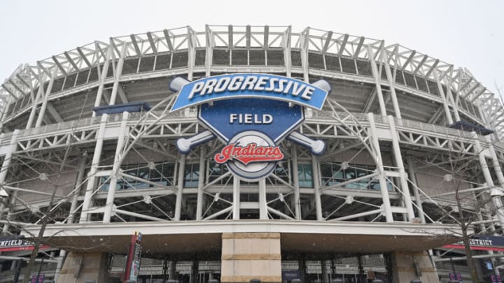 The Cleveland Indians logo is seen at the team's Progressive Field stadium (Photo by Jason Miller/Getty Images)