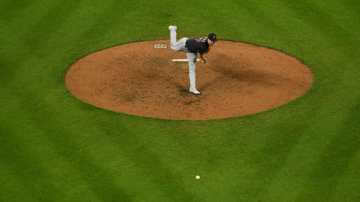 Jun 3, 2022; Baltimore, Maryland, USA; Cleveland Guardians starting pitcher Shane Bieber (57) delivers a sixth inning pitch against the Baltimore Orioles at Oriole Park at Camden Yards. Mandatory Credit: Tommy Gilligan-USA TODAY Sports