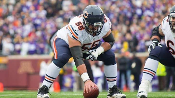 Dec 20, 2015; Minneapolis, MN, USA; Chicago Bears offensive lineman Hroniss Grasu (55) gets ready to snap the ball in the second quarter against the Minnesota Vikings at TCF Bank Stadium. Mandatory Credit: Brad Rempel-USA TODAY Sports