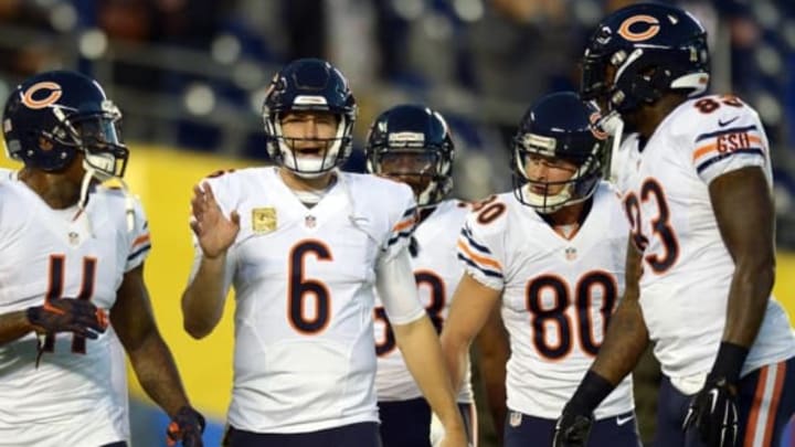 Nov 9, 2015; San Diego, CA, USA; Chicago Bears quarterback Jay Cutler (6) talks after breaking the huddle before the game against the San Diego Chargers at Qualcomm Stadium. Mandatory Credit: Jake Roth-USA TODAY Sports