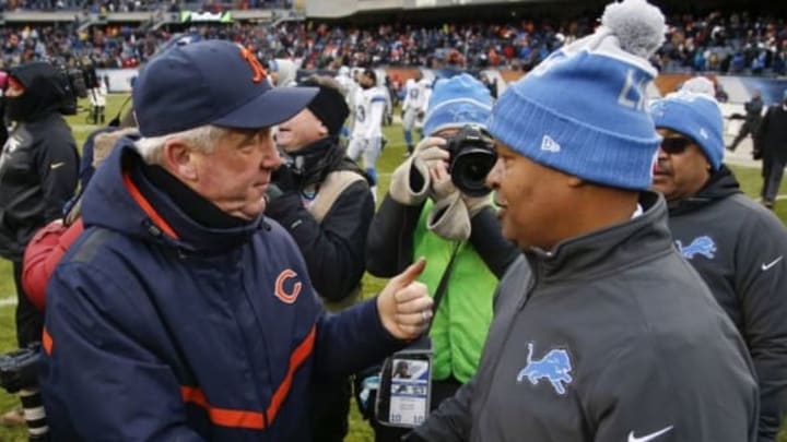 Jan 3, 2016; Chicago, IL, USA; Chicago Bears head coach John Fox (left) shakes hands with Detroit Lions head coach Jim Caldwell (right) at the end of their NFL game at Soldier Field. The Lions won 24-20. Mandatory Credit: Kamil Krzaczynski-USA TODAY Sports