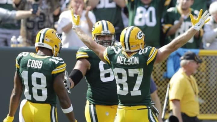 Sep 25, 2016; Green Bay, WI, USA; Green Bay Packers receiver Jordy Nelson celebrates his touchdown with Randall Cobb and Lane Taylor in the second quarter against the Detroit Lions at Lambeau Field. Mandatory Credit: Dan Powers/The Post-Crescent via USA TODAY Sports