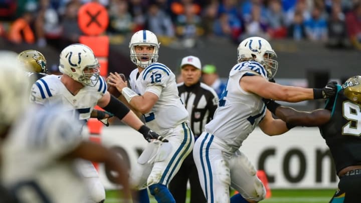 Oct 2, 2016; London, United Kingdom; Indianapolis Colts quarterback Andrew Luck (12) looks downfield against the Jacksonville Jaguars during the third quarter at Wembley Stadium. Mandatory Credit: Steve Flynn-USA TODAY Sports