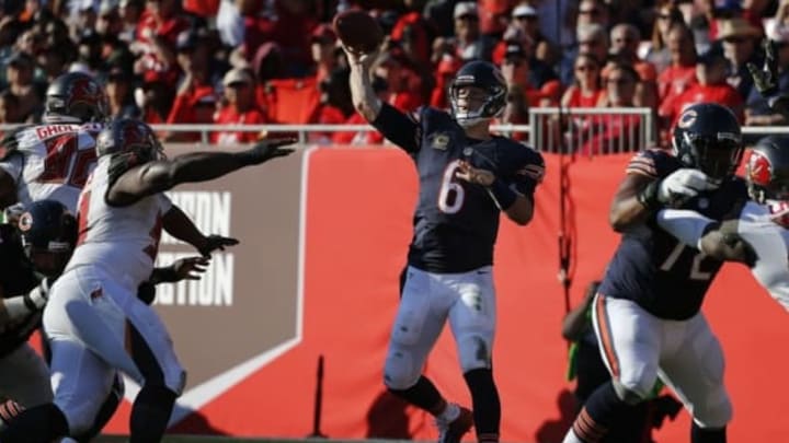 Nov 13, 2016; Tampa, FL, USA; Chicago Bears quarterback Jay Cutler (6) throws the ball against the Tampa Bay Buccaneersduring the second half at Raymond James Stadium. Tampa Bay Buccaneers defeated the Chicago Bears 36-10. Mandatory Credit: Kim Klement-USA TODAY Sports