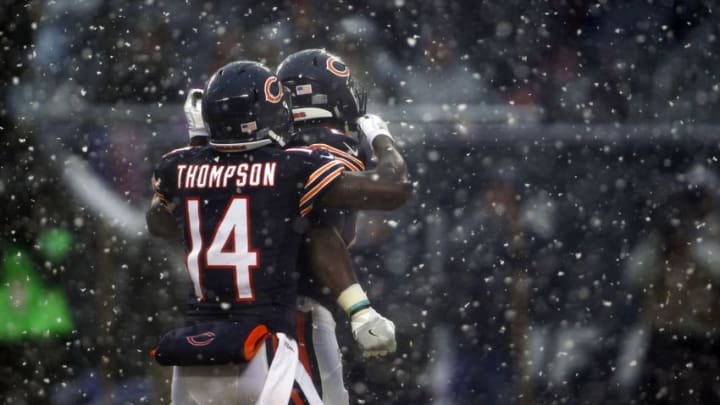 Dec 4, 2016; Chicago, IL, USA; Chicago Bears running back Jordan Howard (24) celebrates with Chicago Bears wide receiver Deonte Thompson (14) after scoring a touchdown during third quarter of the game against the San Francisco 49ers the at Soldier Field. Mandatory Credit: Caylor Arnold-USA TODAY Sports