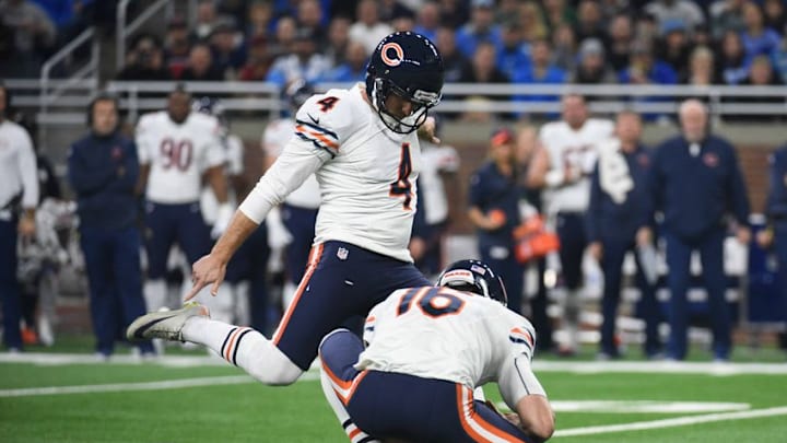 Dec 11, 2016; Detroit, MI, USA; Chicago Bears kicker Connor Barth (4) kicks a field goal during the first quarter against the Detroit Lions at Ford Field. Mandatory Credit: Tim Fuller-USA TODAY Sports