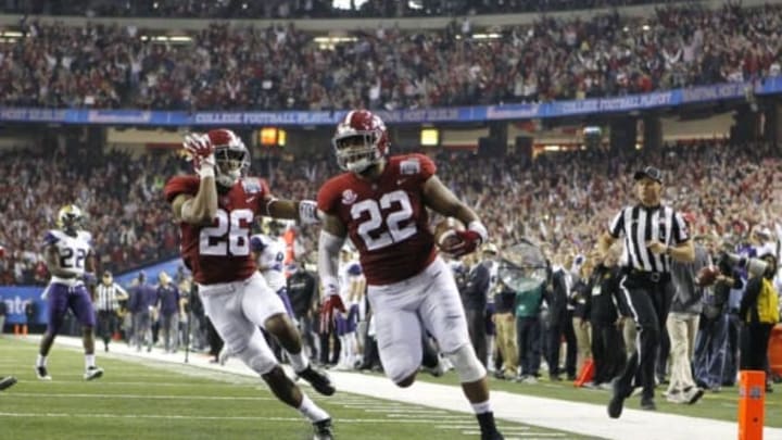 Dec 31, 2016; Atlanta, GA, USA; Alabama Crimson Tide linebacker Ryan Anderson (22) returns an interception for a touchdown against the Washington Huskies during the second quarter in the 2016 CFP semifinal at the Peach Bowl at the Georgia Dome. Mandatory Credit: Brett Davis-USA TODAY Sports