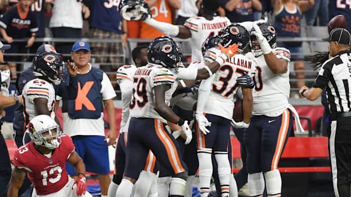 GLENDALE, AZ - SEPTEMBER 23: Bryce Callahan #37 of the Chicago Bears celebrates with teammates after intercepting a pass by Josh Rosen #3 of the Arizona Cardinals during the second half at State Farm Stadium on September 23, 2018 in Glendale, Arizona. Bears won 16-14. (Photo by Norm Hall/Getty Images) GLENDALE, AZ - SEPTEMBER 23: Bryce Callahan #37 of the Chicago Bears celebrates with teammates after intercepting a pass by Josh Rosen #3 of the Arizona Cardinals during the second half at State Farm Stadium on September 23, 2018 in Glendale, Arizona. Bears won 16-14. (Photo by Norm Hall/Getty Images)