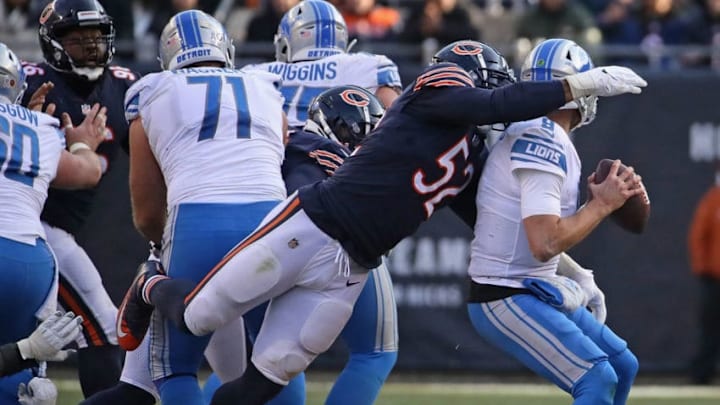 CHICAGO, IL - NOVEMBER 11: Khalil Mack #52 of the Chicago Bears scks Matthew Stafford #9 of the Detroit Lions at Soldier Field on November 11, 2018 in Chicago, Illinois. The Bears defeated the Lions 34-22. (Photo by Jonathan Daniel/Getty Images)